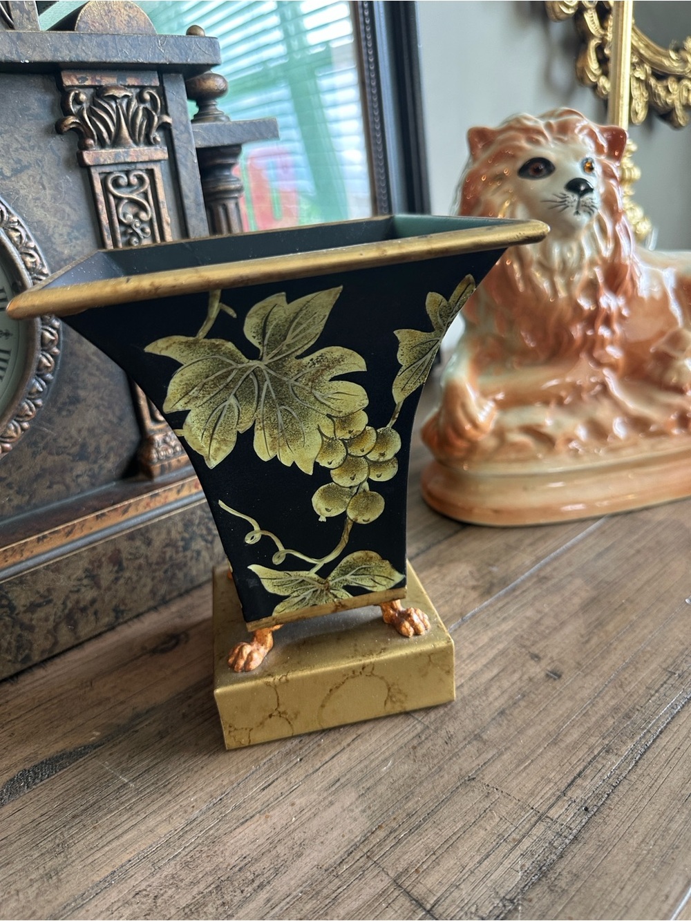 Vintage MCM Toleware Catche Pot Planter - Black & Gold Grapevine Metal Vase